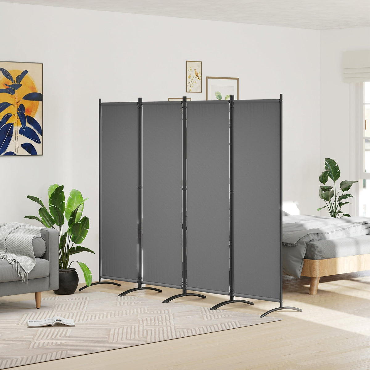 4 Panel Folding Room Divider with Wide Feet, Dark Grey — product view 3