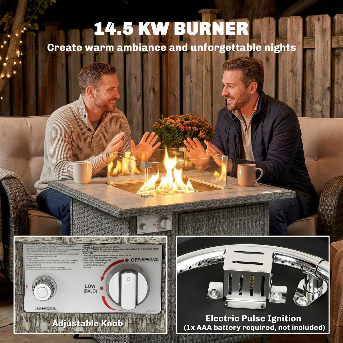 14.5 KW Rattan Gas Fire Pit Table with Cover, Wind Guard & Lid, Dark Grey — product view 7
