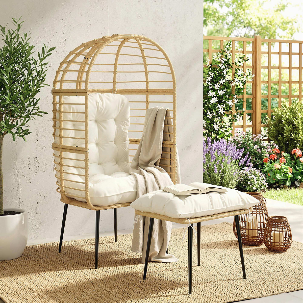 Standing Egg Chair with Footstool, PE Rattan Egg Chair with Cushions, Beige — product view 3