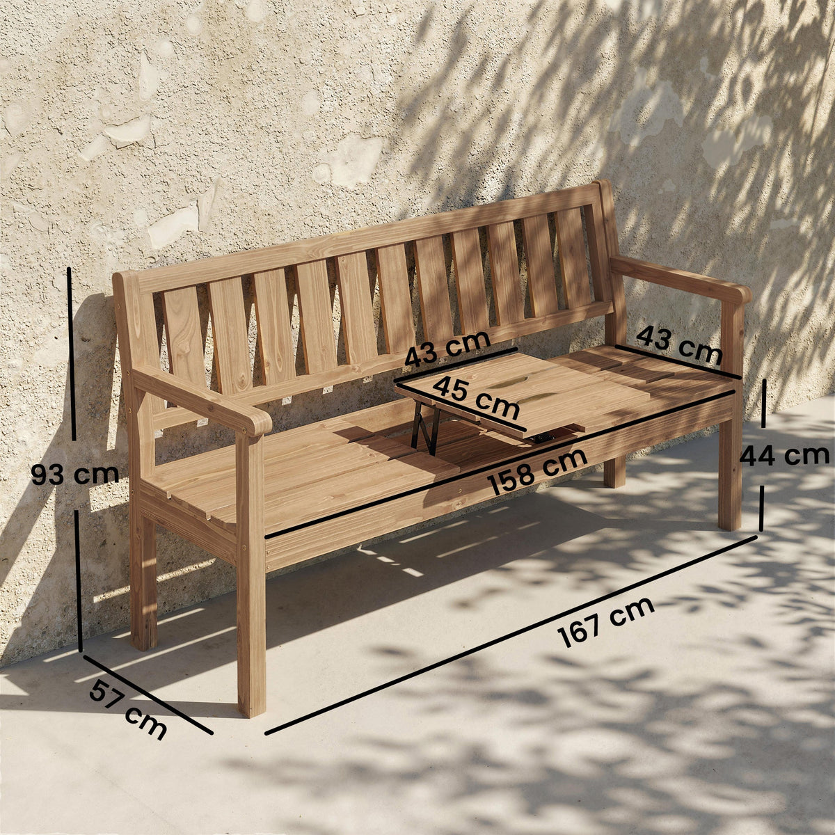 2-3 Seater Wooden Garden Loveseat with Liftable Table, Teak — product view 5