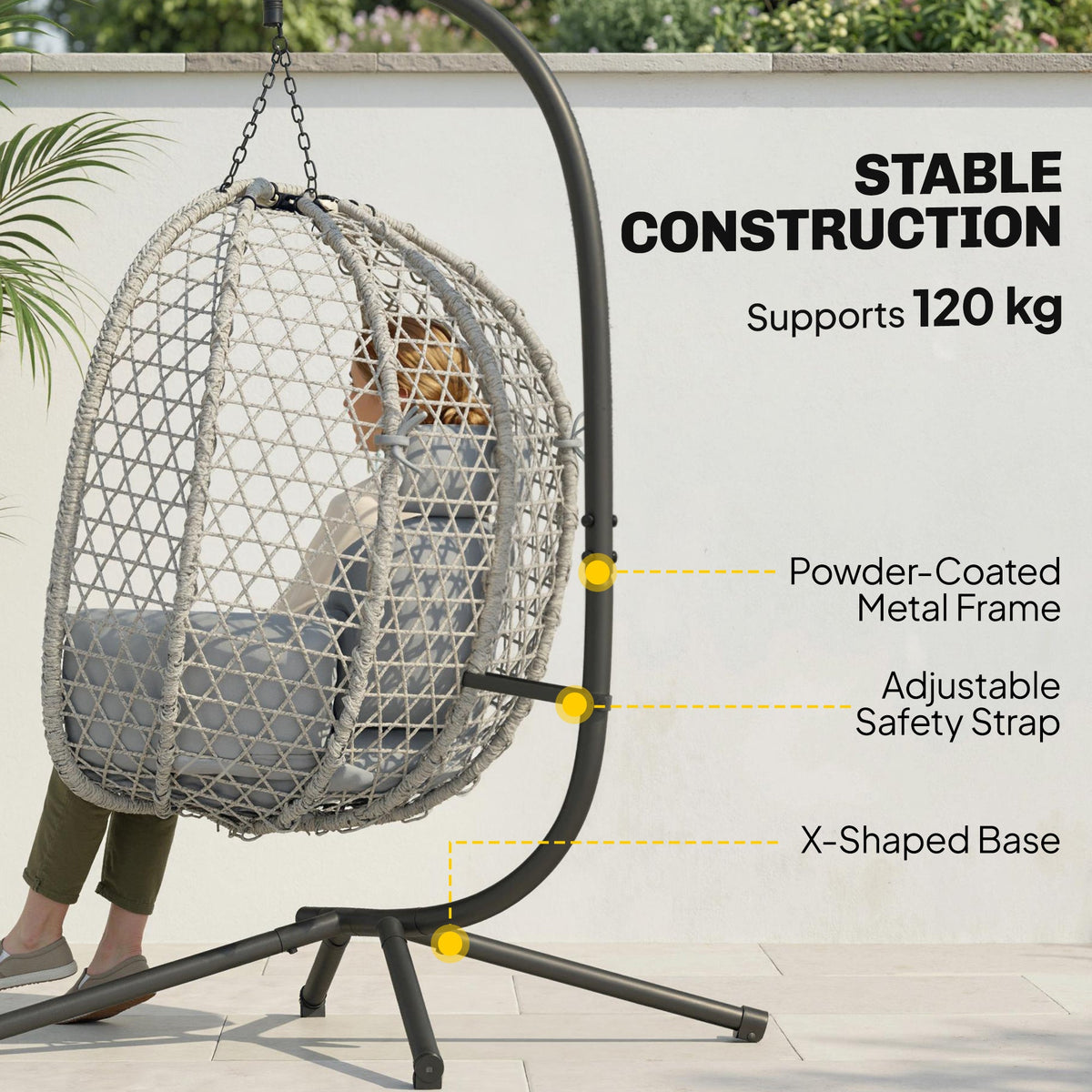 Hanging Egg Chair with Stand, Rattan Hammock, Thick Cushion, Light Grey — product view 6