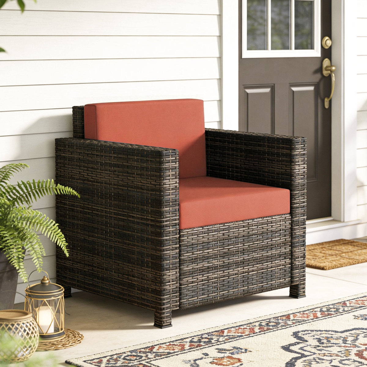 Single Rattan Garden Armchair with 10 cm Cushion & Armrests, Mixed Brown/Orange — product view 4