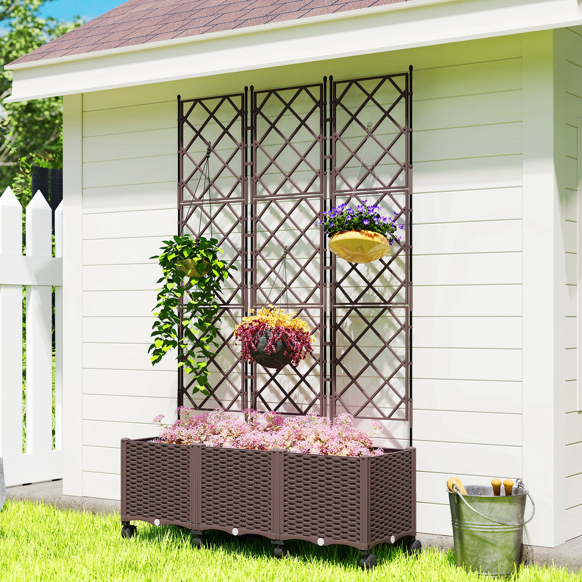 Self Watering Plastic Raised Planter with Trellis & Wheels — product view 4