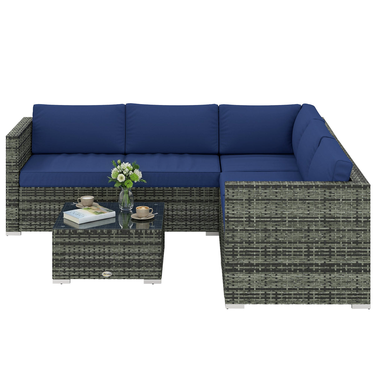 4 Piece Rattan Garden Furniture Set with Corner Sofa, Coffee Table & Cushions, Blue — product view 2