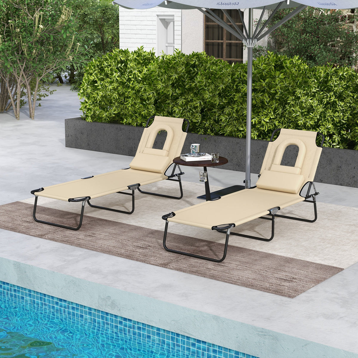 2pcs Adjustable Outdoor Lounge Chairs with Face Hole, Beige — product view 4