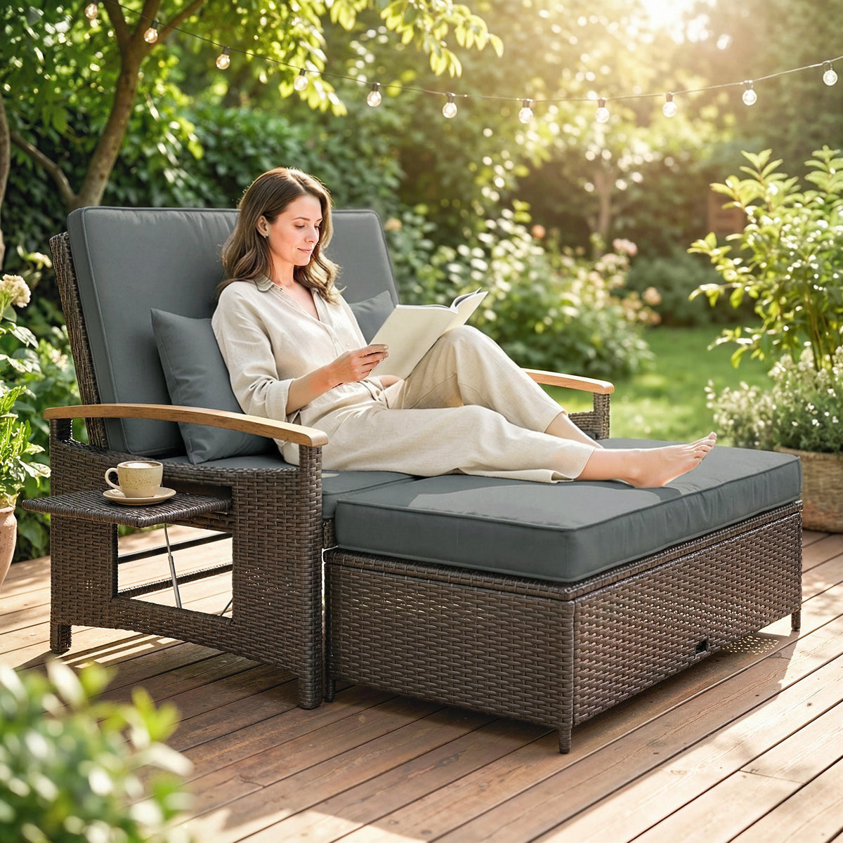 Rattan Daybed with Adjustable Backrest, Storage Ottoman, Mixed Gray — product view 3