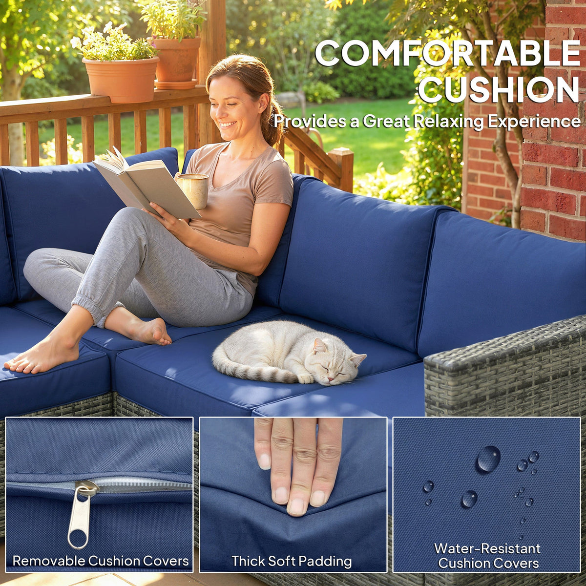 4 Piece Rattan Garden Furniture Set with Corner Sofa, Coffee Table & Cushions, Blue — product view 7