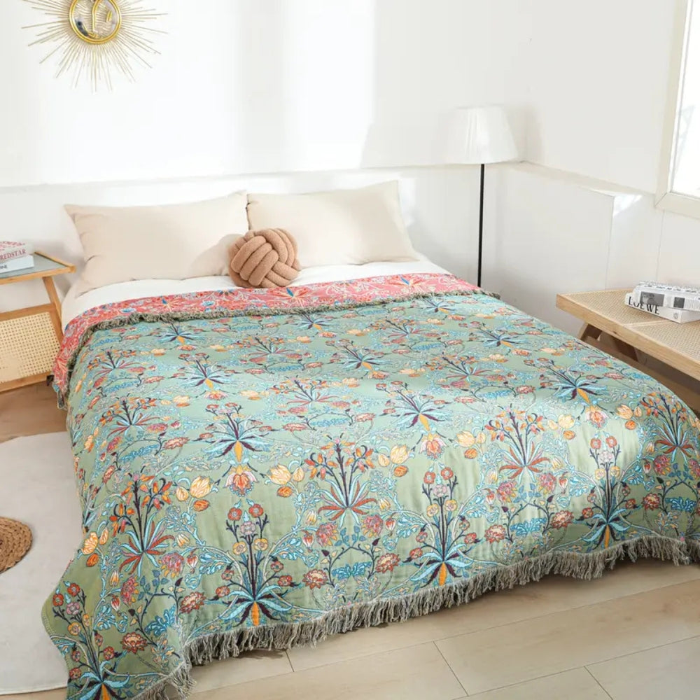 LoungeYard | Greenery Floral Cotton Tassel Blanket — product view 1