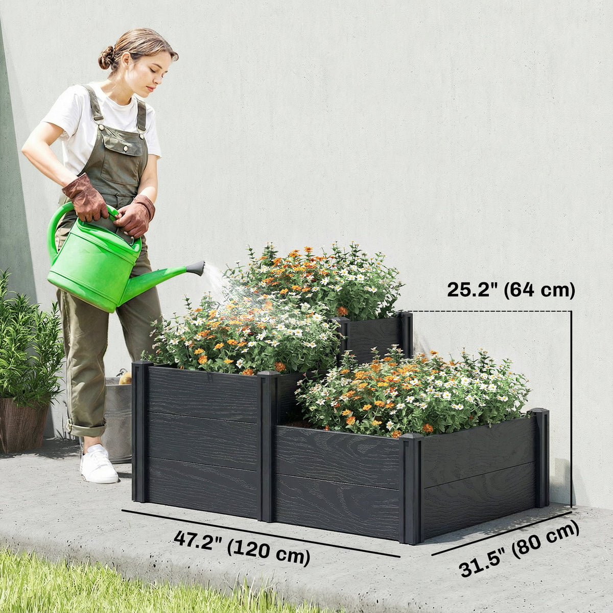 3-Tier Vinyl Raised Garden Bed with Open Bottom, Grey Wood Effect — product view 5
