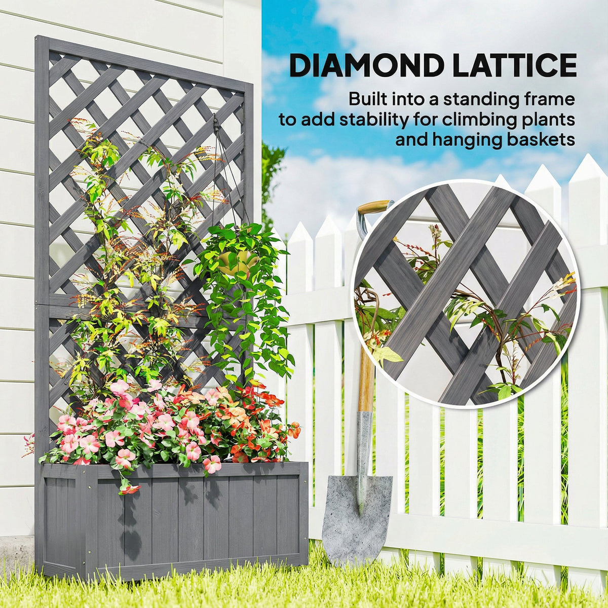 Wood Planter with Trellis and Drainage Holes, Grey — product view 6