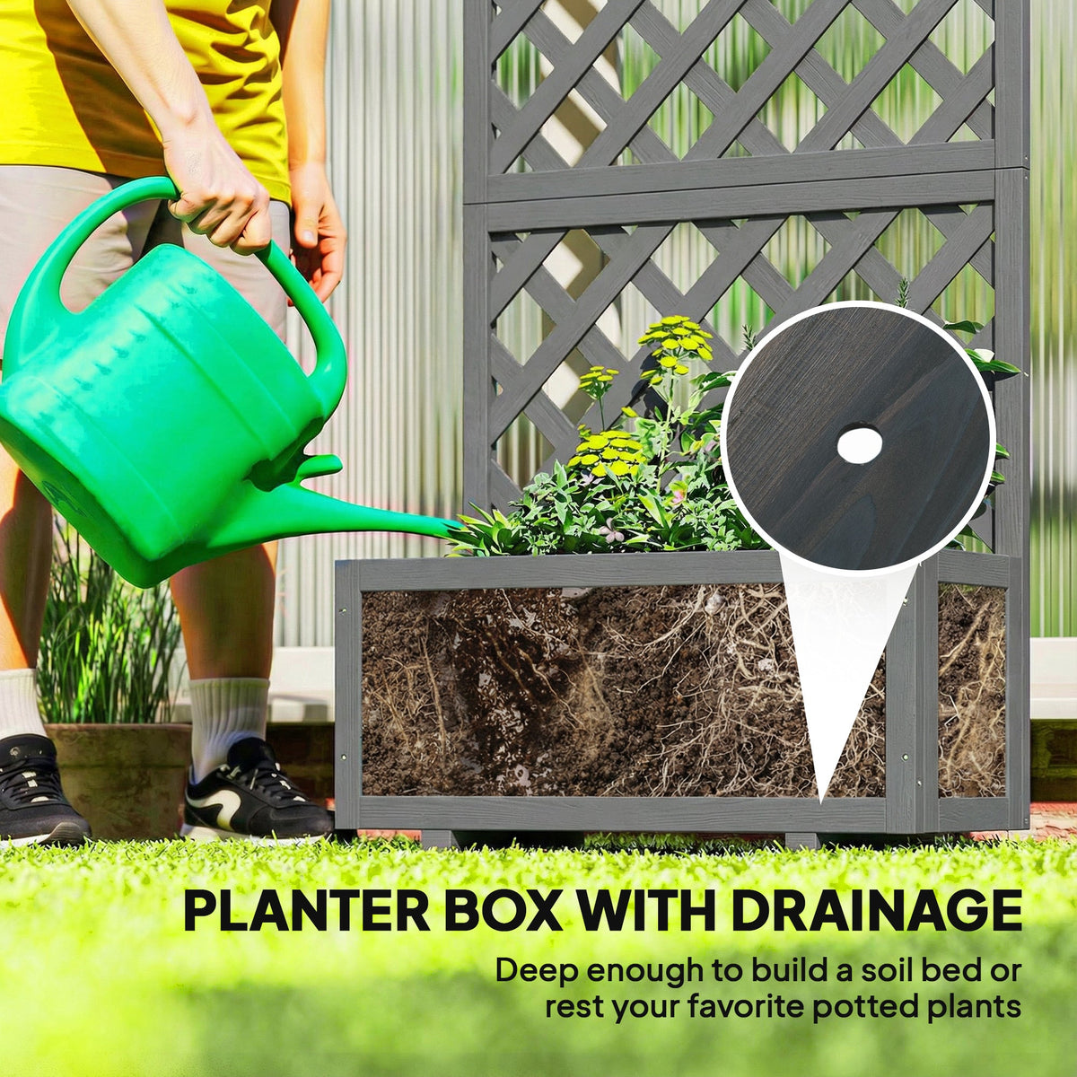 Wood Planter with Trellis and Drainage Holes, Grey — product view 7