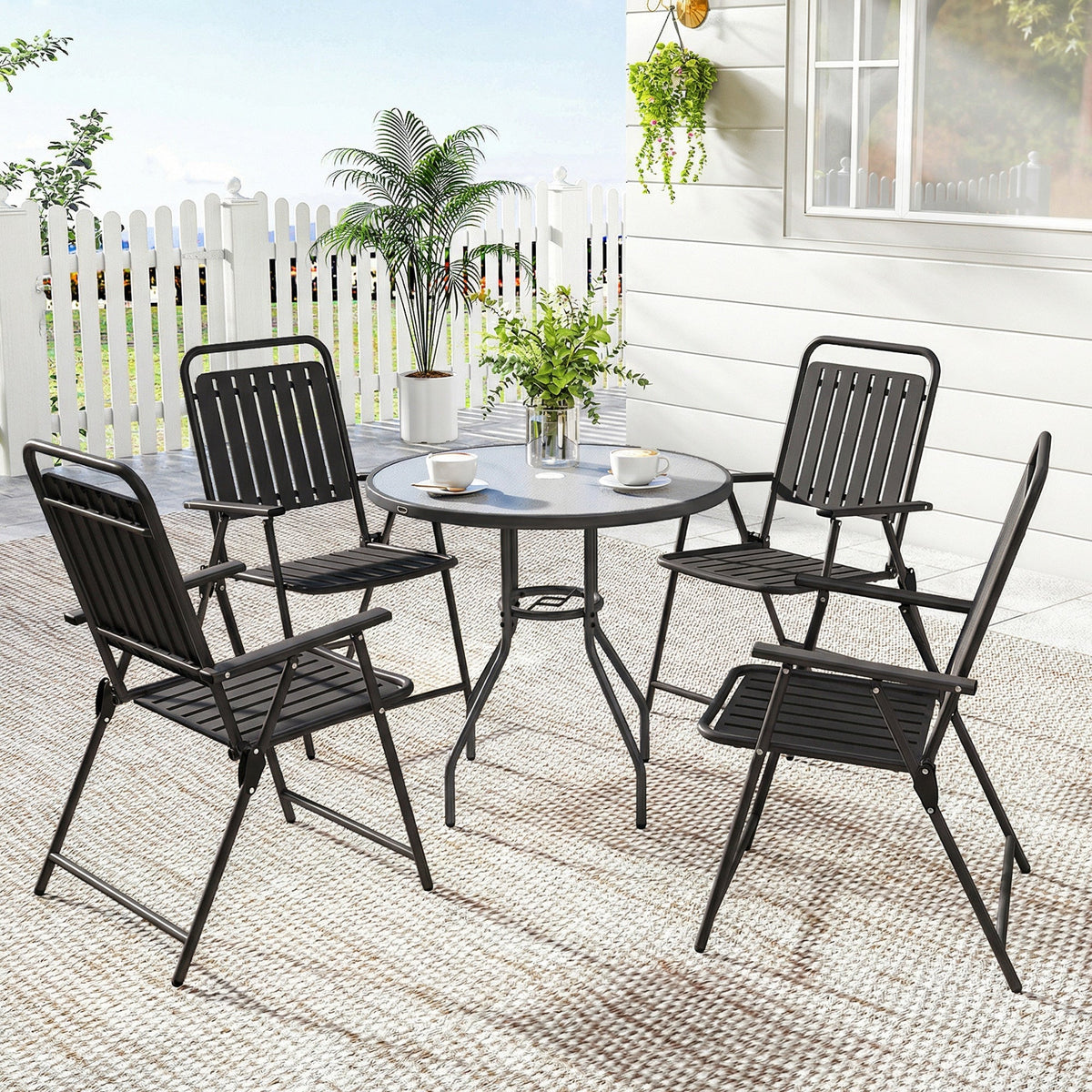 Set of 4 Folding Garden Chairs with Armrests and Slatted Seat, Black — product view 4