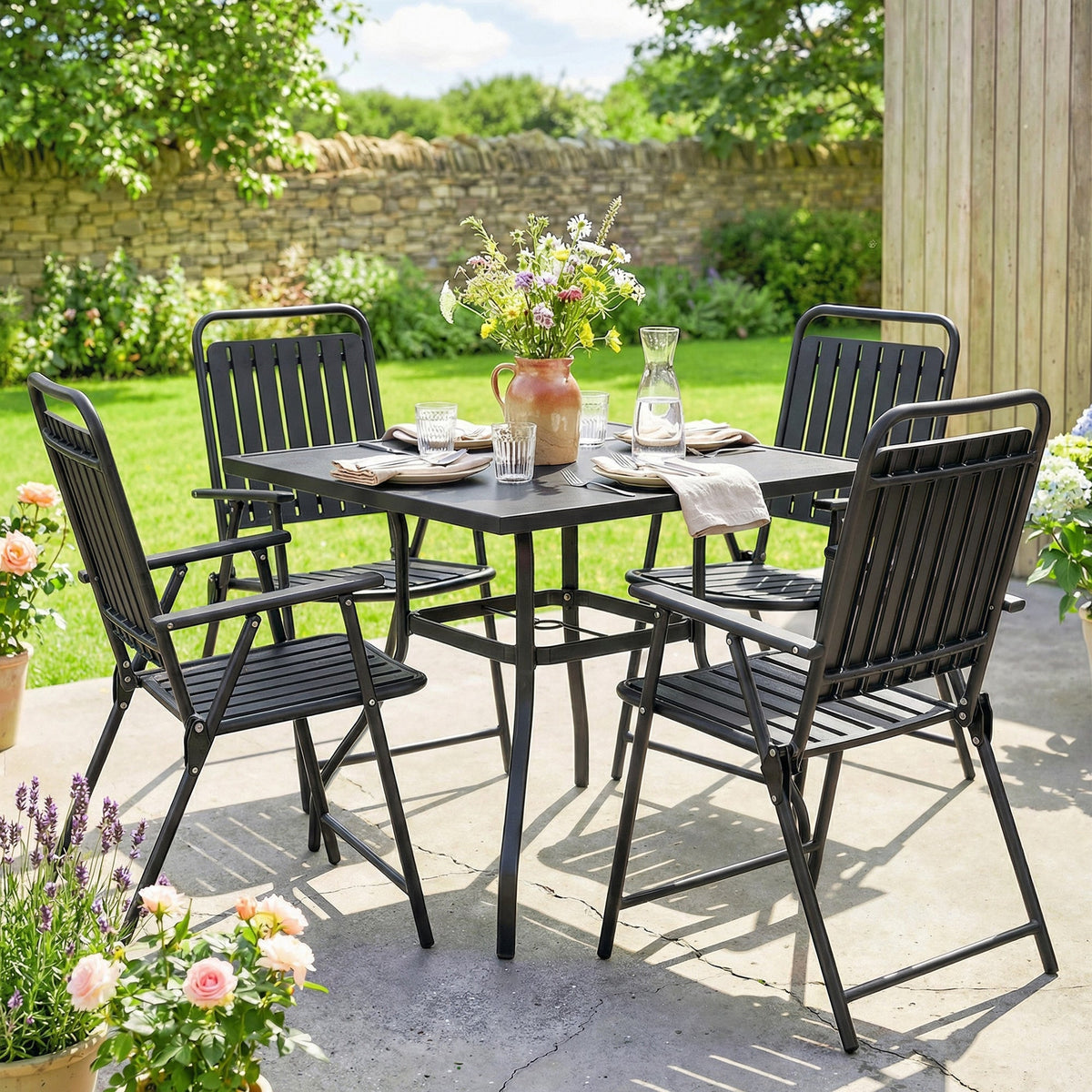Set of 4 Folding Garden Chairs with Armrests and Slatted Seat, Black — product view 3