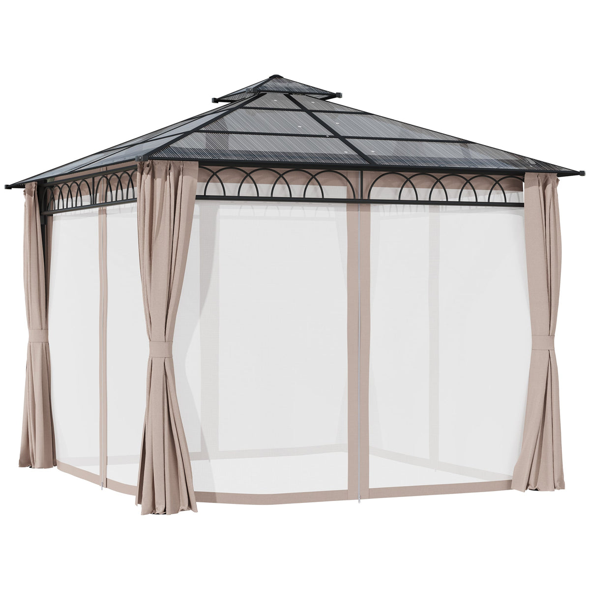 3 x 3m Polycarbonate Hardtop Gazebo with Curtains & Netting, Khaki — product view 2
