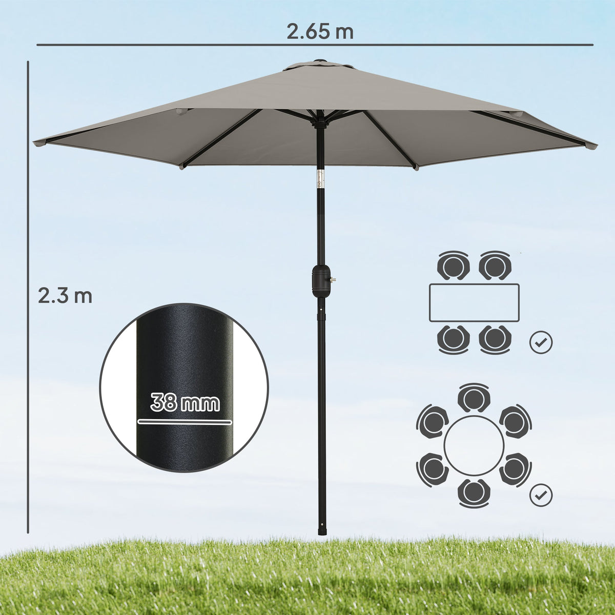 2.6 m Garden Parasol with Tilt, Crank, Vent & Aluminium Pole, Light Grey — product view 5