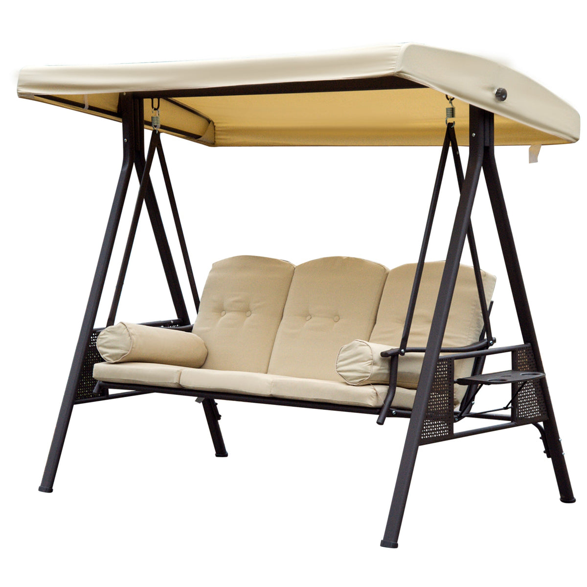 3 Seater Canopy Swing Chair with Cushions & Cup Trays, Beige — product view 2