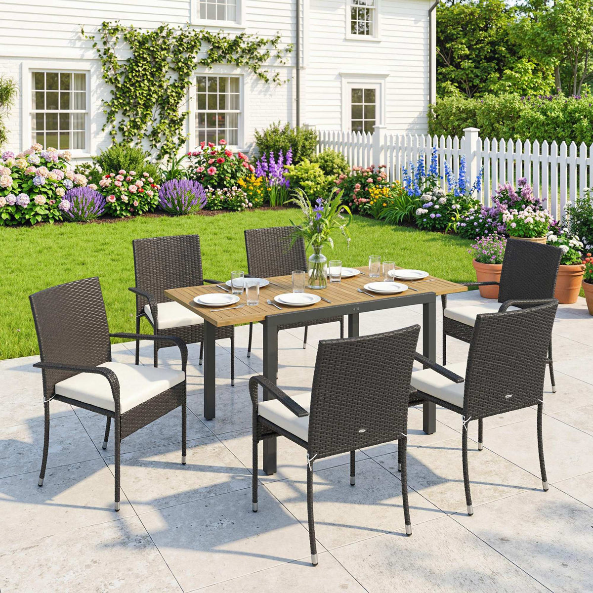 7-Piece Rattan 6-Seater Dining Set with Acacia Top and Cushions, Cream White — product view 3