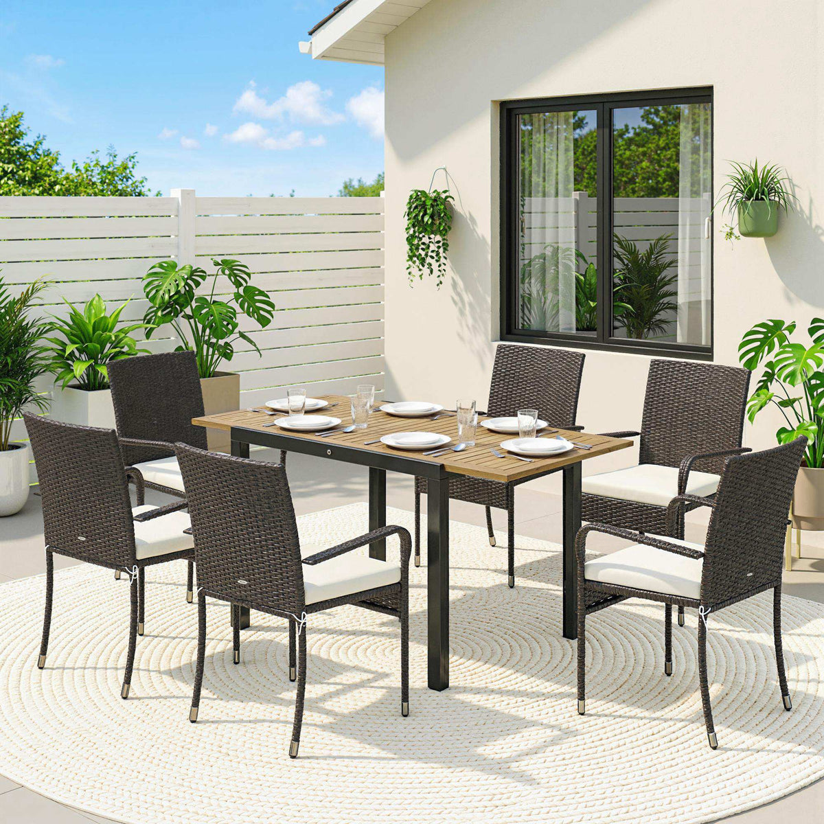7-Piece Rattan 6-Seater Dining Set with Acacia Top and Cushions, Cream White — product view 4