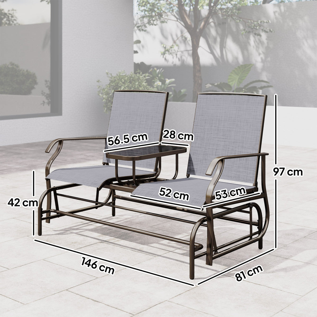 2 Seats Garden Glider Bench with Glass Top  Centre Table, Brown/ Grey — product view 5