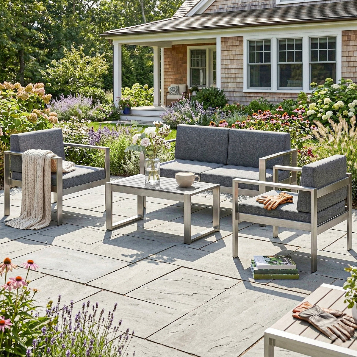 4-Seater Aluminium Sofa Set with Faux Wood Table and Olefin Cushions, Dark Grey — product view 4