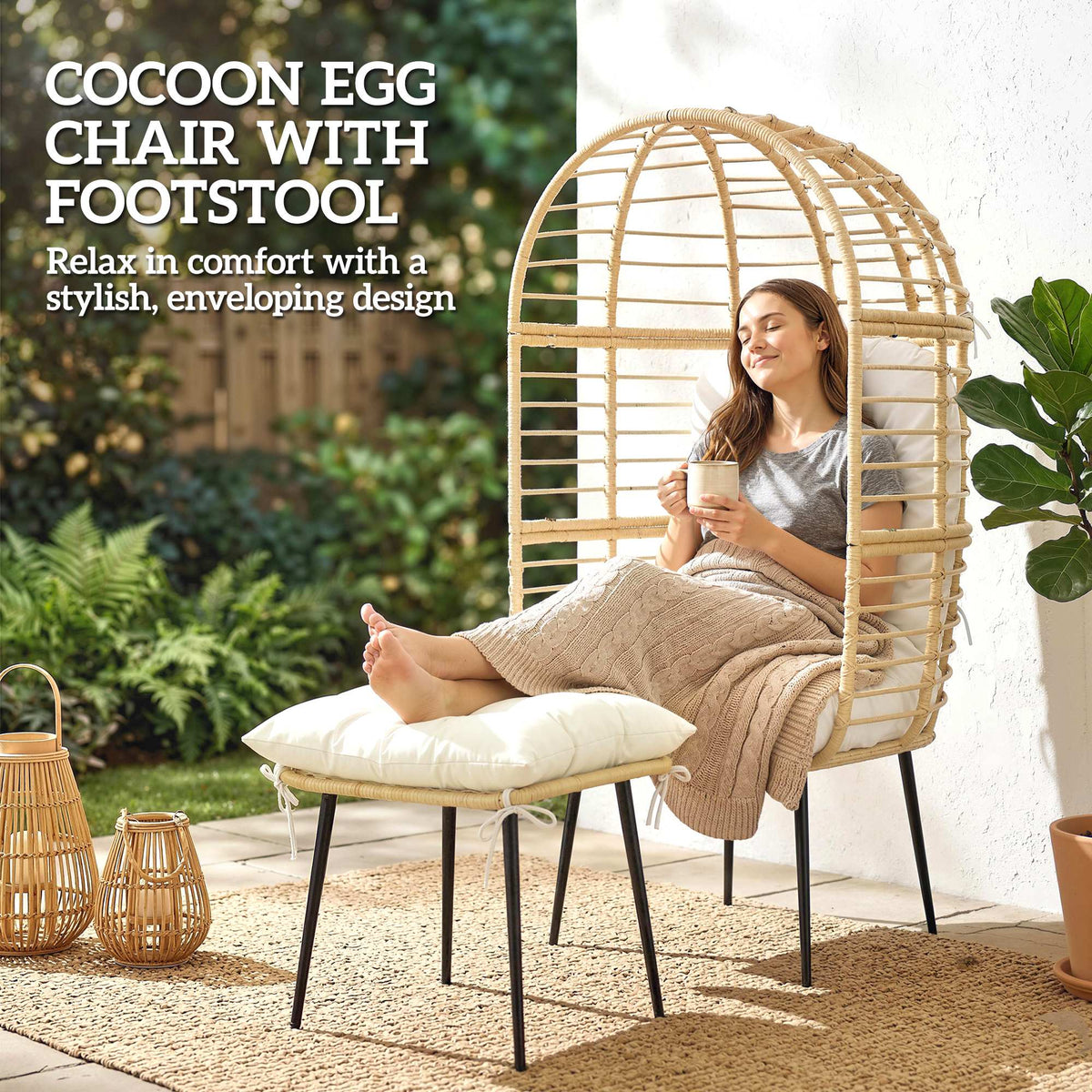 Standing Egg Chair with Footstool, PE Rattan Egg Chair with Cushions, Beige — product view 6