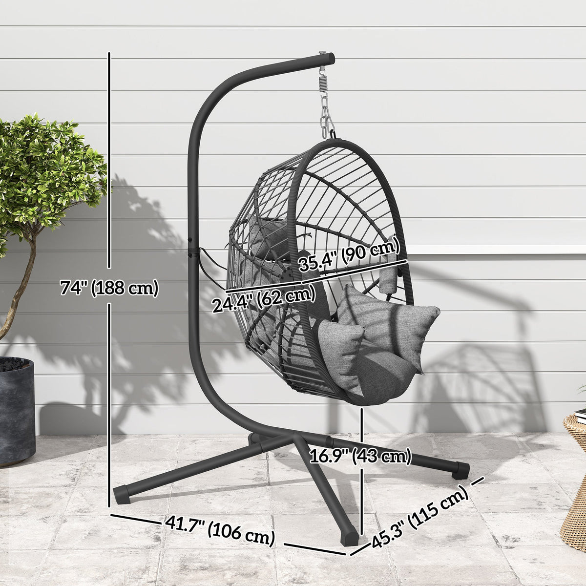 Hanging Egg Chair with Stand, Thick Cushion and Cup Holder, Grey — product view 5