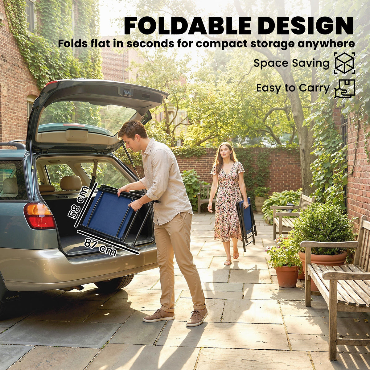 Set of 2 Folding Garden Chairs with High Back and Armrests, Navy Blue — product view 7