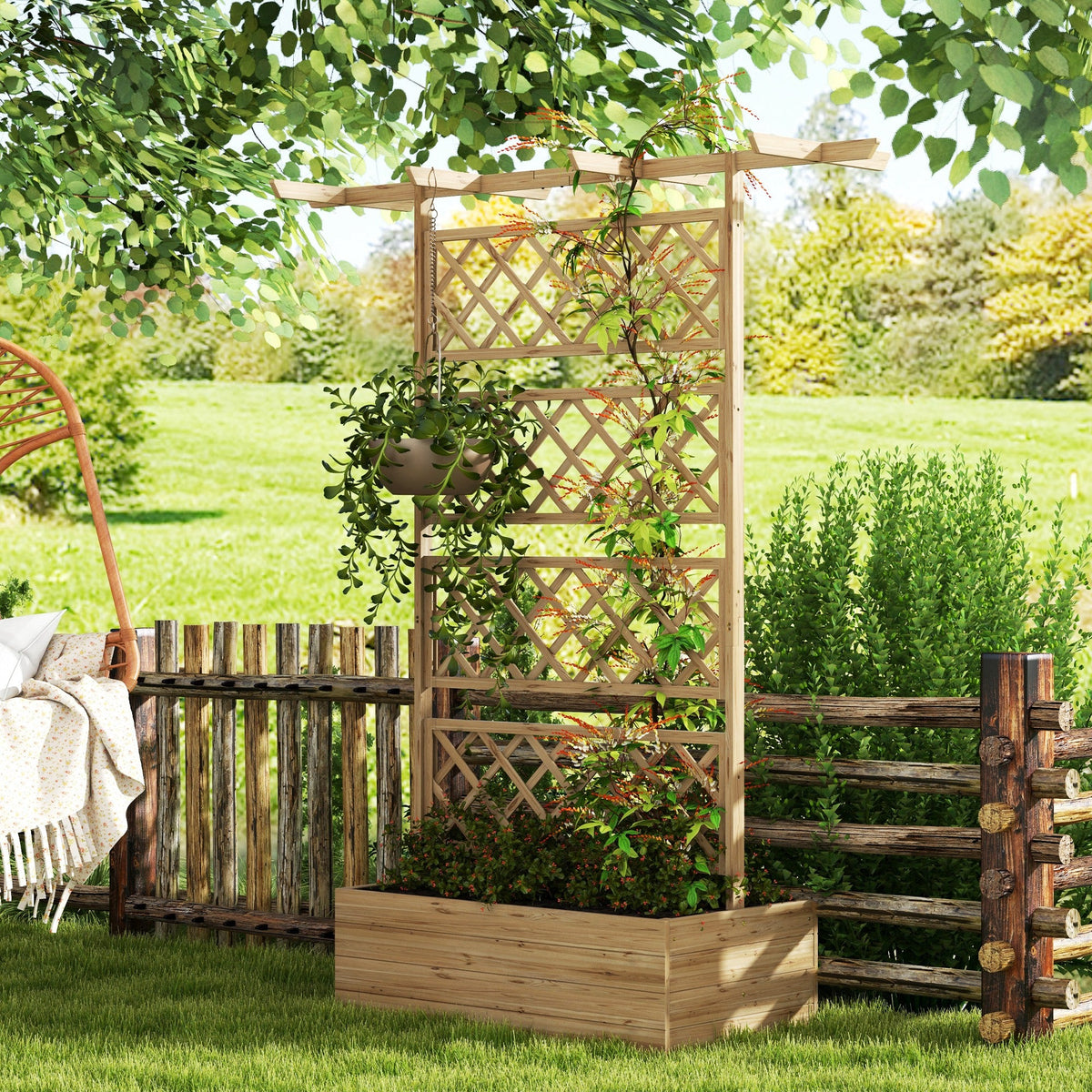 Wood Raised Garden Bed with Trellis, Roof and Privacy Screen, Natural — product view 3