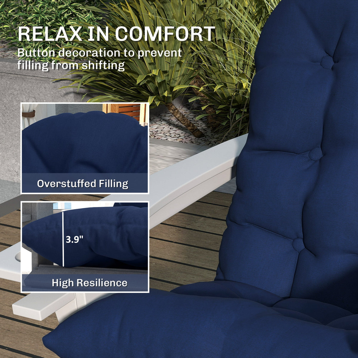 Tufted High-Back Adirondack Cushions Set of 2, Navy, with Ties & Non-Slip — product view 6