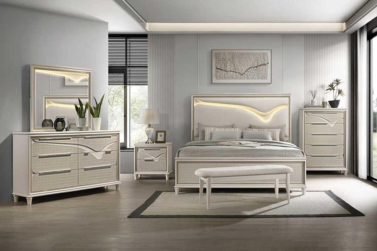 Casa Blanca Hudson Macchiato light brown Wood Finish Fabric Headboard LED Lighting Queen Bedroom Set – Hudson-4PC — product view 1