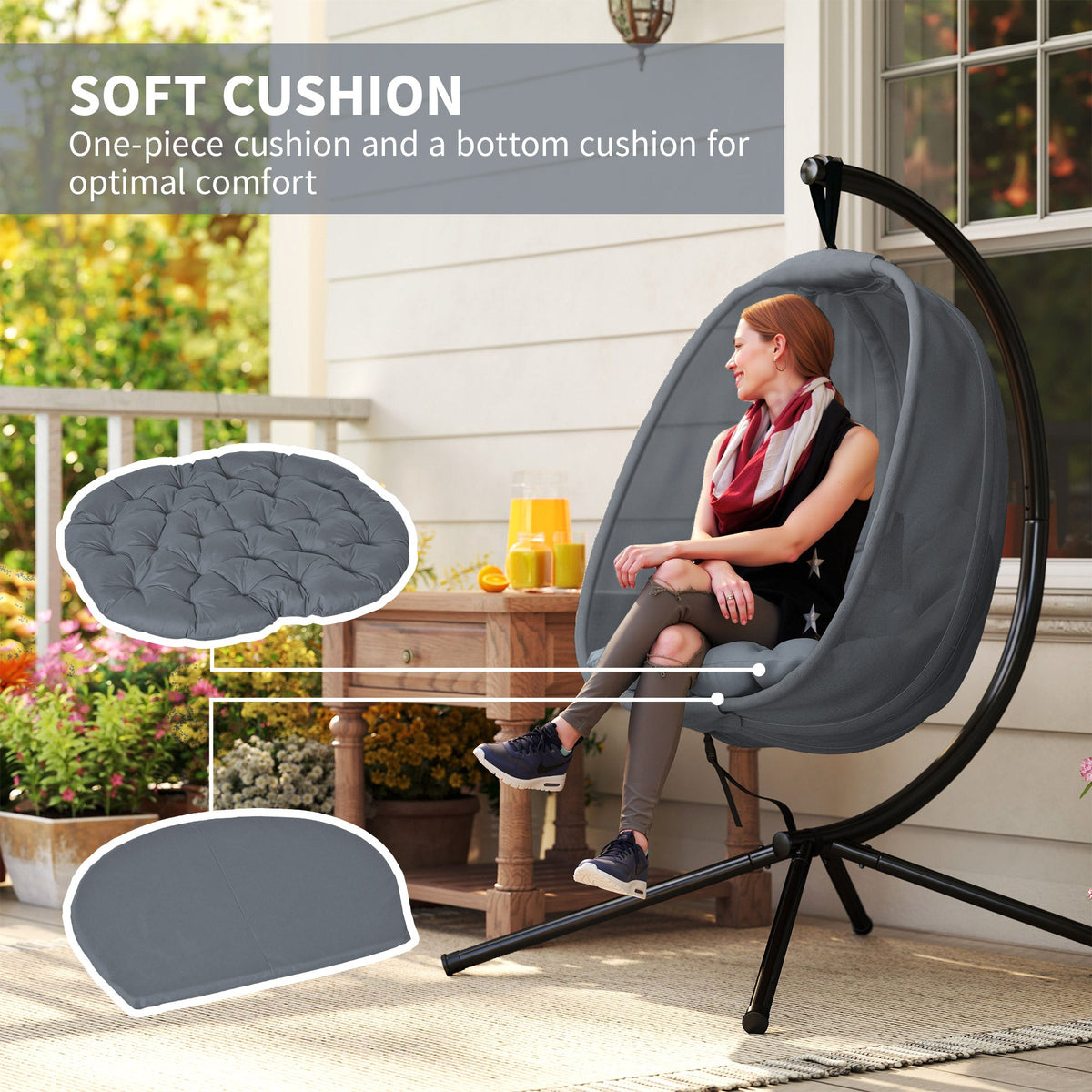 Hanging Egg Chair, Outdoor Indoor Swing Chair with Stand, Folding Basket and Thickened Cushion for Patio, Garden, Balcony, Grey — product view 6