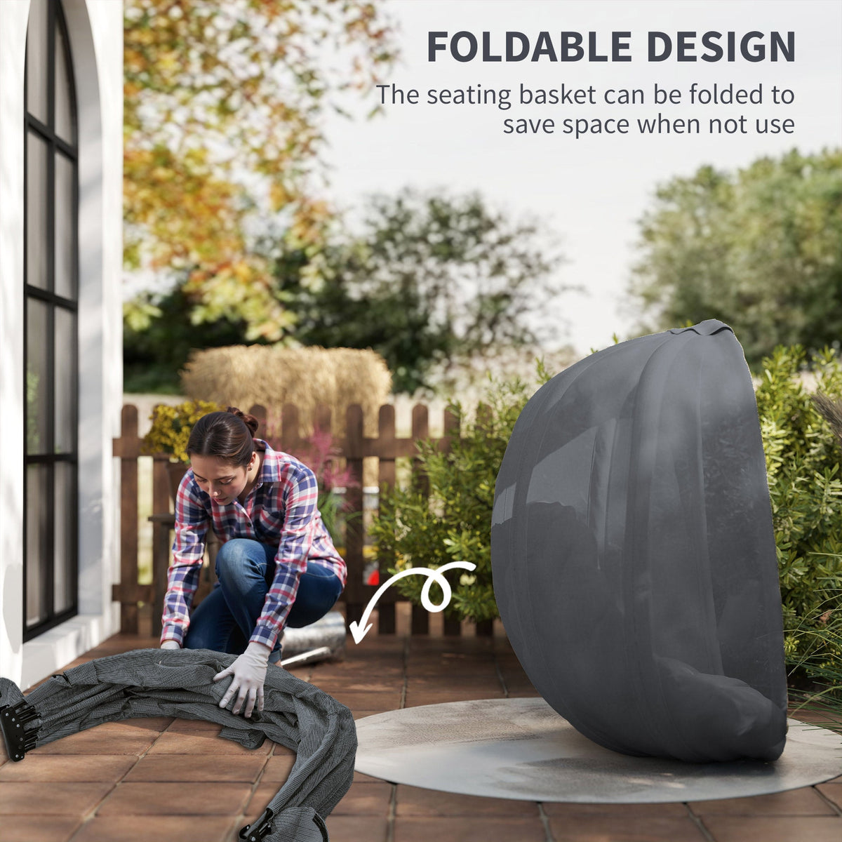 Hanging Egg Chair, Outdoor Indoor Swing Chair with Stand, Folding Basket and Thickened Cushion for Patio, Garden, Balcony, Grey — product view 7