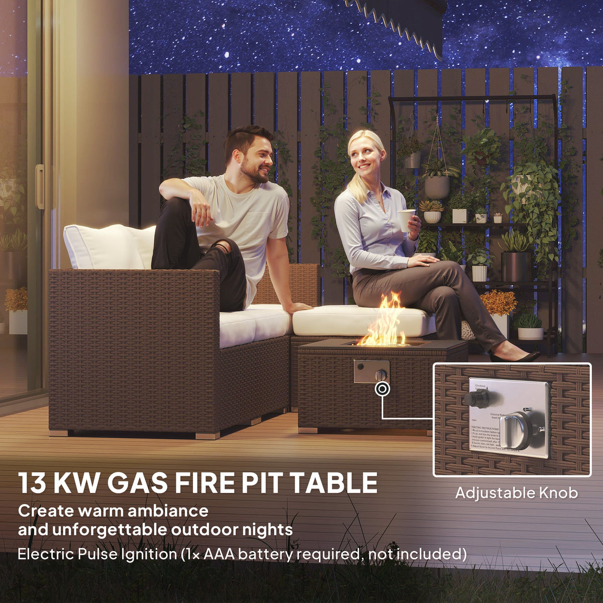 5 Piece Rattan Garden Furniture Set with Gas Fire Pit Table & Footstool, Brown/Cream — product view 7