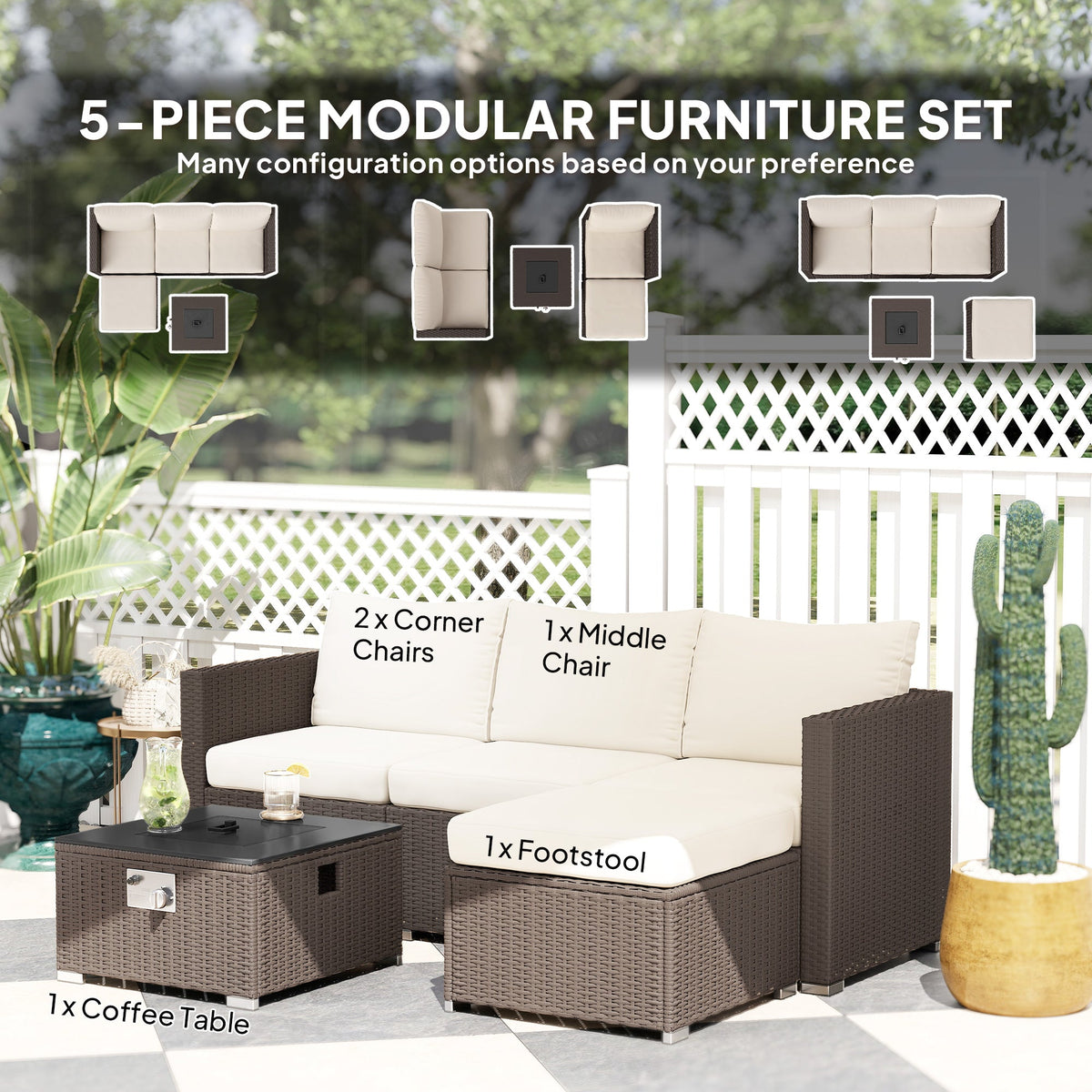 5 Piece Rattan Garden Furniture Set with Gas Fire Pit Table & Footstool, Brown/Cream — product view 6