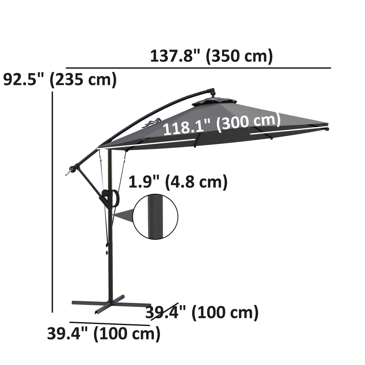 118.1" Offset Patio Umbrella with Cover, Tilt and Wind Strap, Grey — product view 5