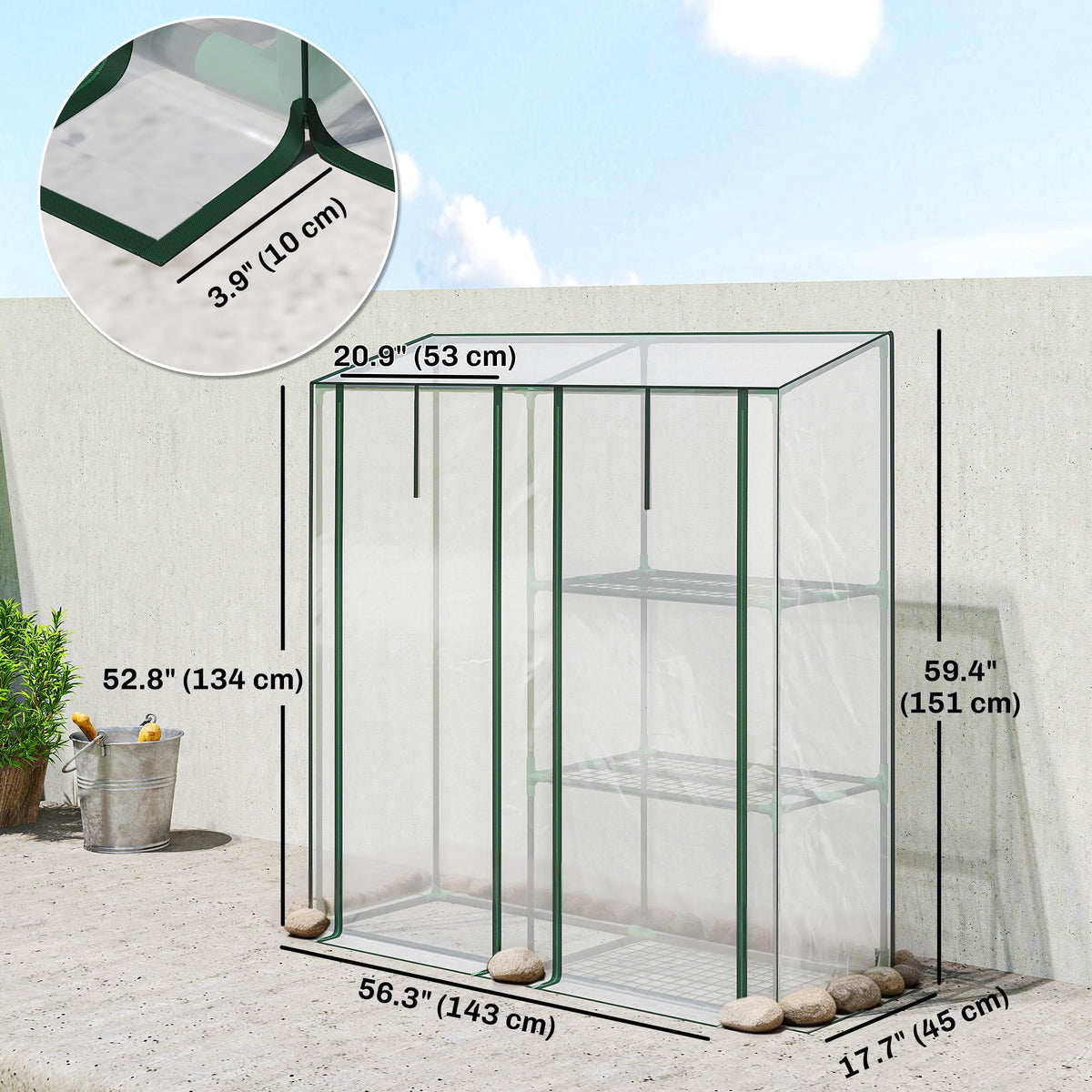 Mini Greenhouse with 3 Shelves and 2 Roll-up Doors, 56.3" x 17.7" x 59.4" — product view 5
