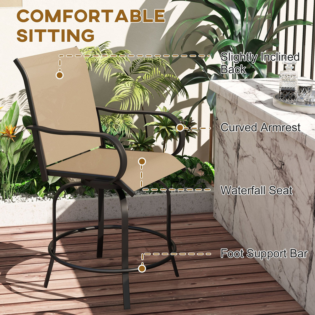 2-Piece Swivel Outdoor Bar Stools with Armrests, Tan — product view 7