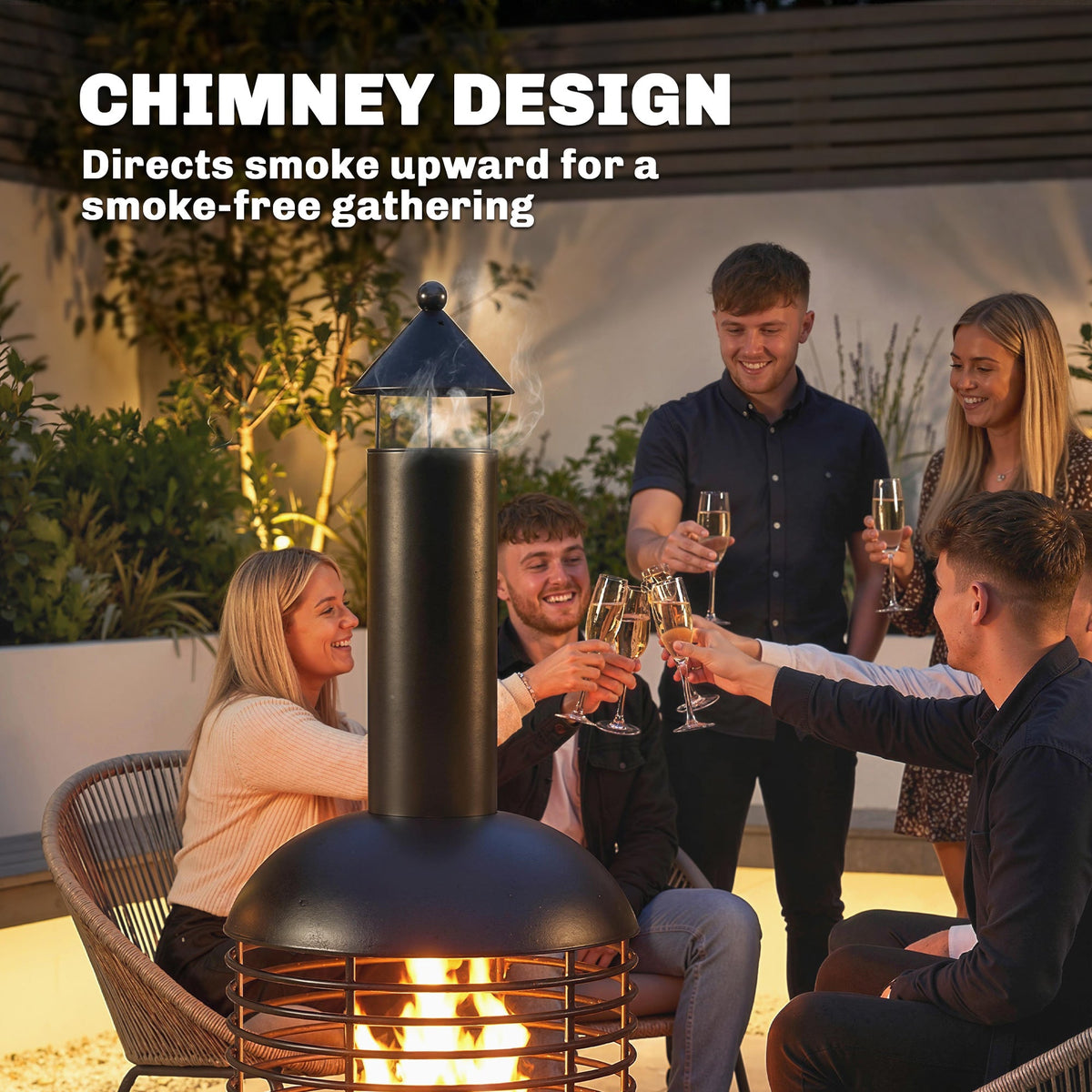 Chimney Fire Pit with Poker and Charcoal Grid, Black — product view 6