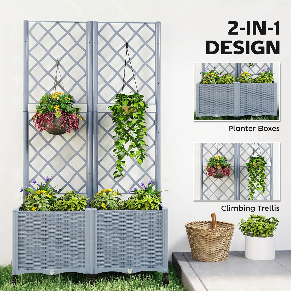 56.3" Self-Watering Planter Box with Trellis and Wheels, Gray — product view 6
