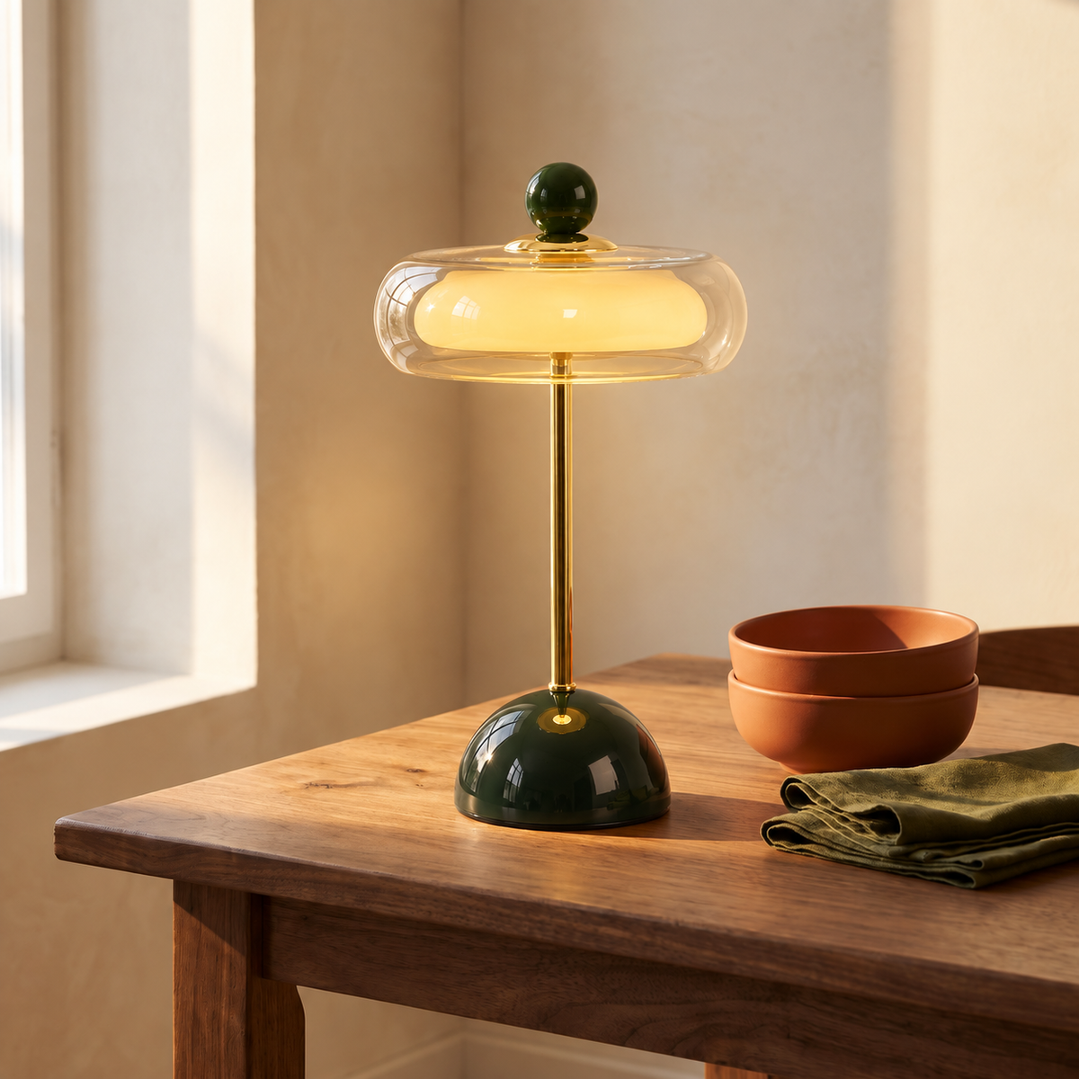 Verda Green Glass Halo Table Lamp Cordless Rechargeable Bedside Light for Consoles and Dining — product view 3