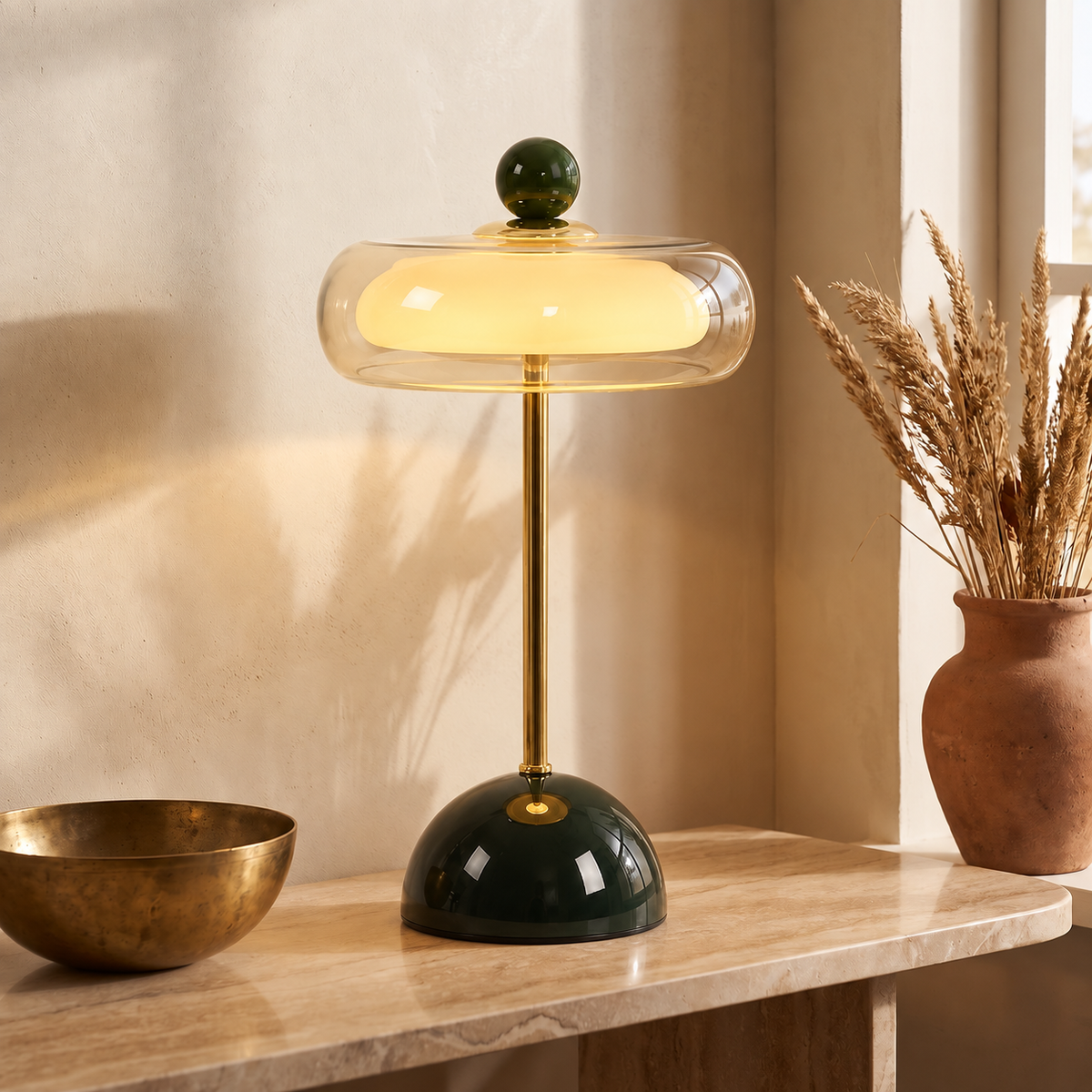 Verda Green Glass Halo Table Lamp Cordless Rechargeable Bedside Light for Consoles and Dining — product view 5