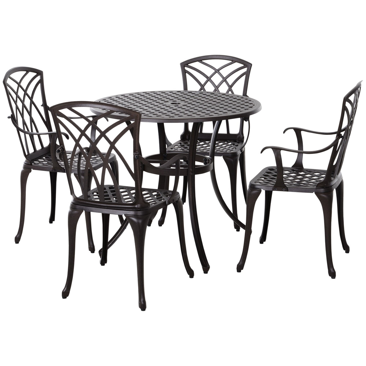 5 Piece Cast Aluminium Garden Dining Set with Parasol Hole, Brown — product view 2