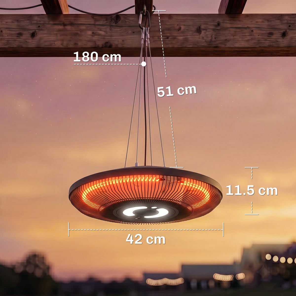 Hanging Patio Heater with LED Light, Touch & Remote, 1000/2000W IP65, Black — product view 5
