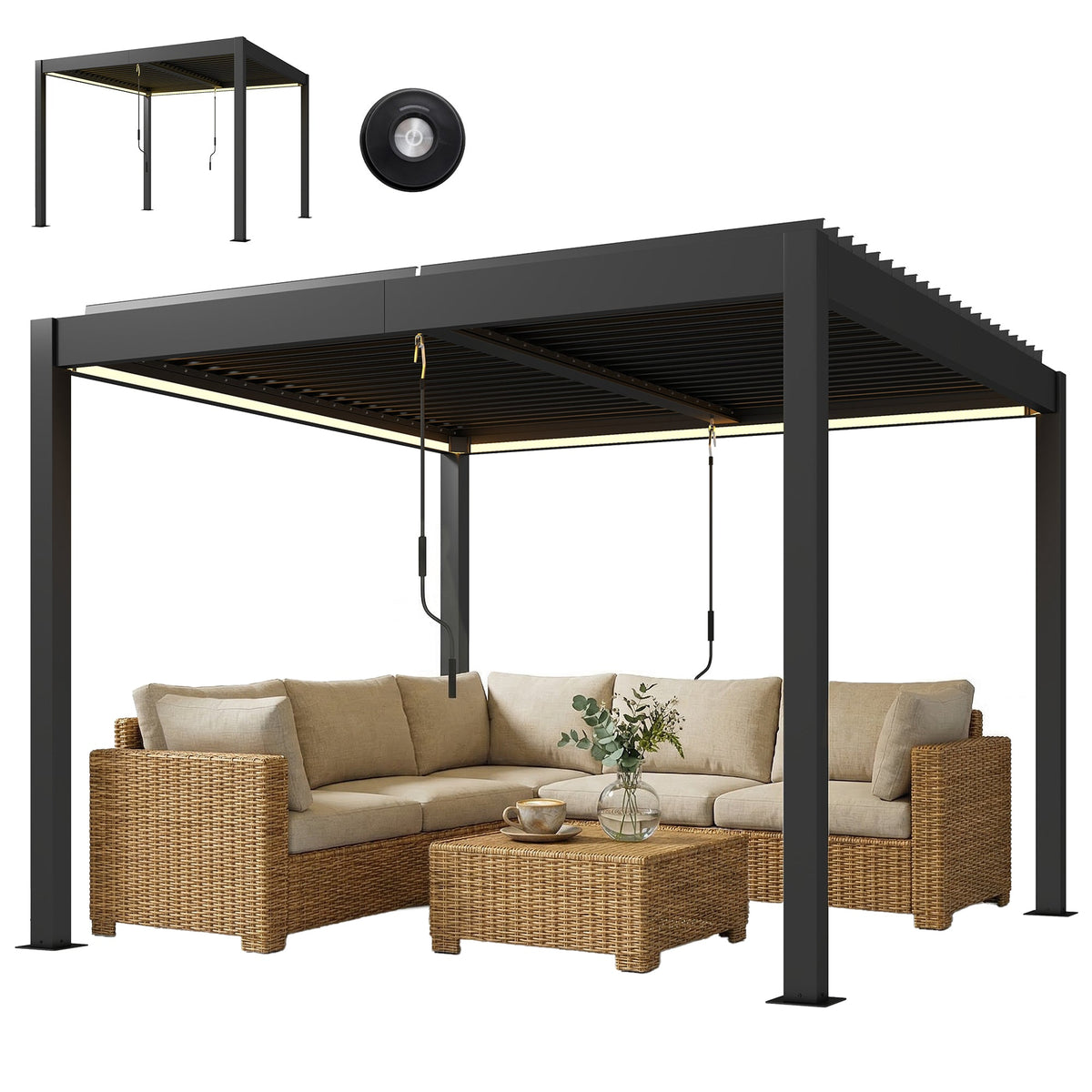 Louvered Pergola 3 x 3 m Dark Grey with Adjustable Roof, LED Lights & Remote — product view 2