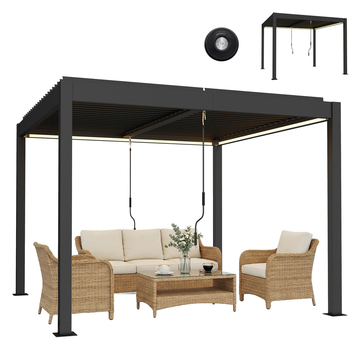Louvered Pergola 3 x 3 m Dark Grey with Adjustable Roof, LED Lights & Remote — product view 1