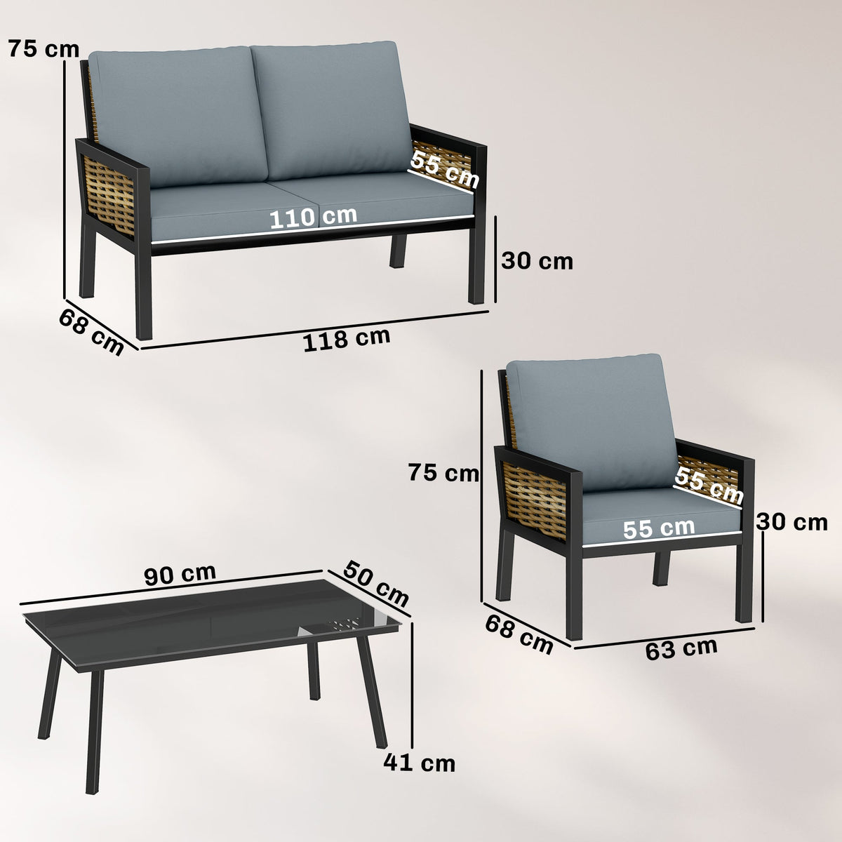4-Seater Rattan Sofa Set with Cushions, Loveseat, 2 Armchairs & Coffee Table Grey — product view 5