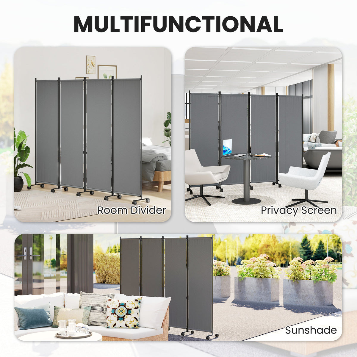 4 Panel Folding Room Divider with Lockable Wheels, Dark Grey — product view 6