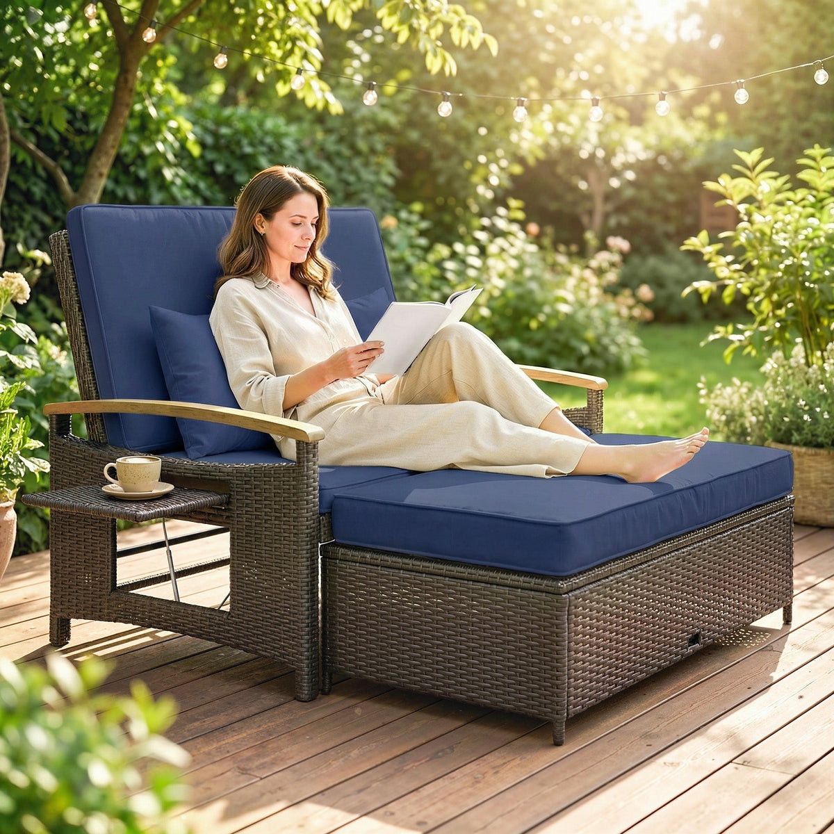 Rattan Daybed with Adjustable Backrest, Storage Ottoman, Navy Blue — product view 3