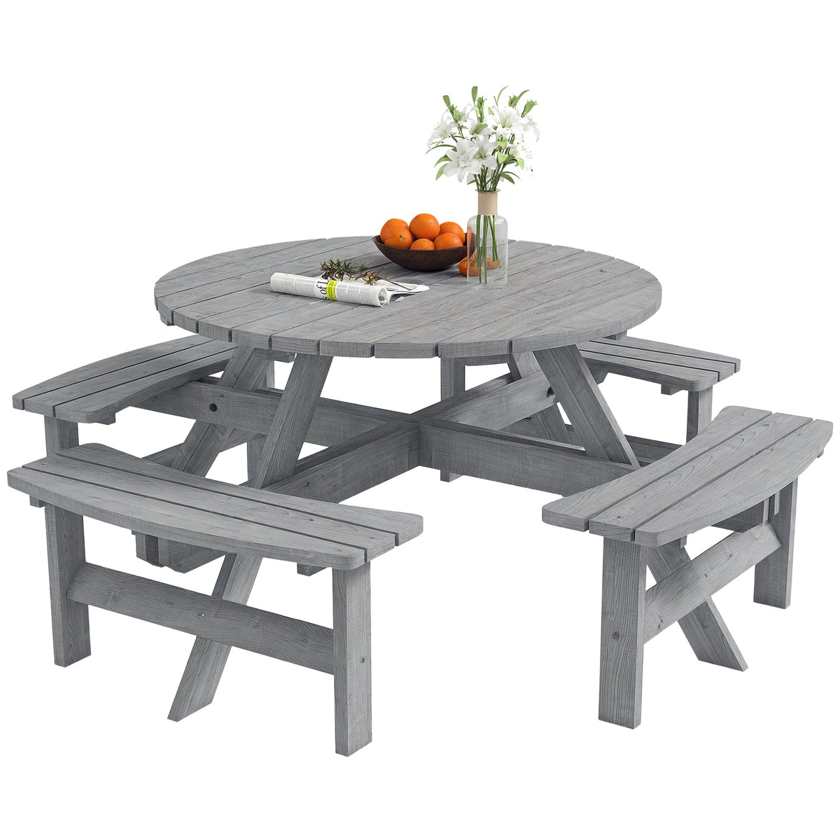 Wooden Patio Dining Set for 8 with Round Table and 4 Benches, Grey — product view 1
