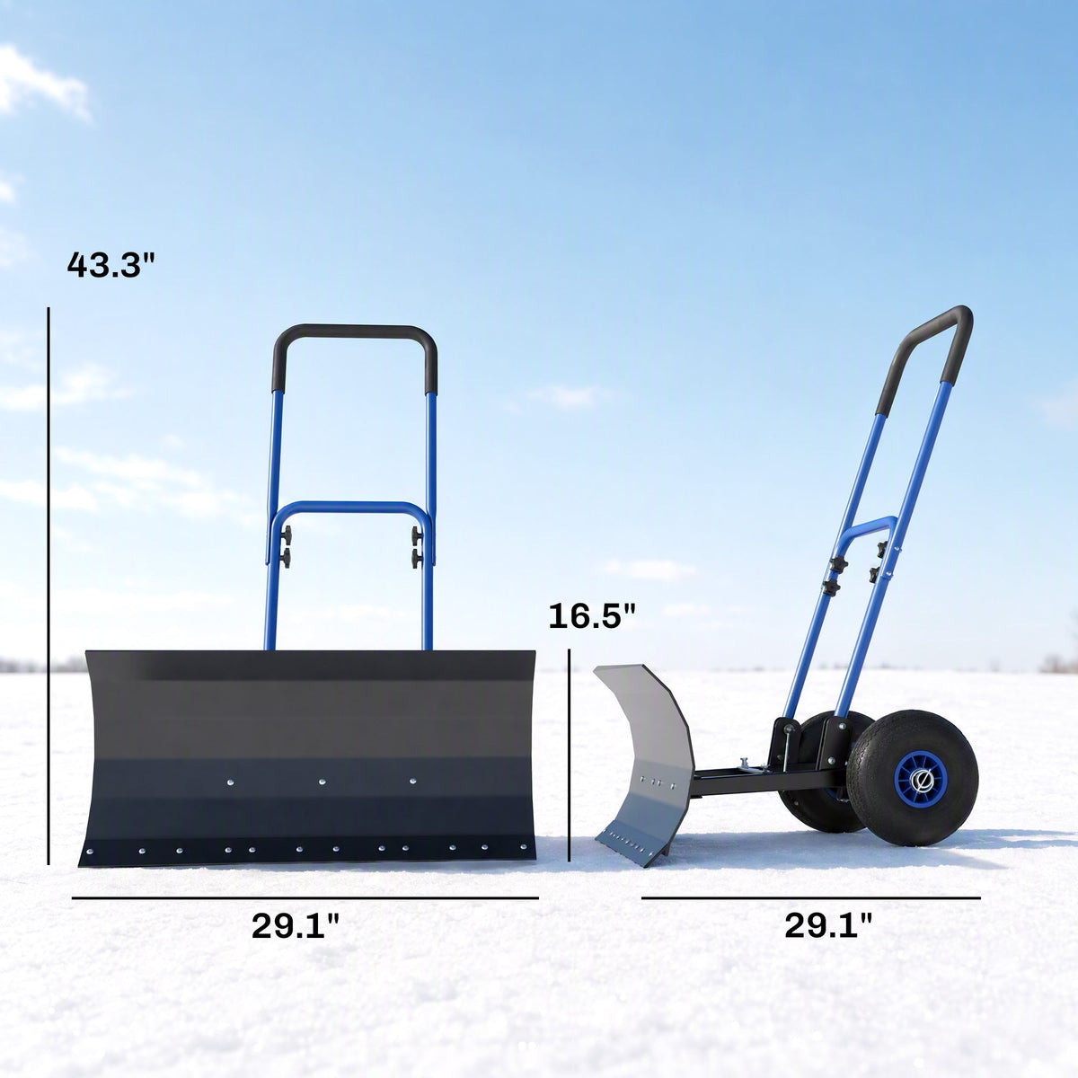 Heavy Duty Snow Pusher with Wheels, 29" x 16.5" Metal Blade, 5-Level Handle, Blue — product view 5
